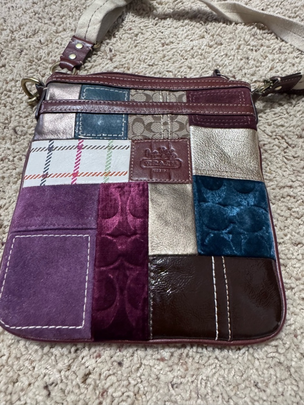 Coach Patchwork Crossbody Bag in Burgundy, Purple, Teal and Metallic